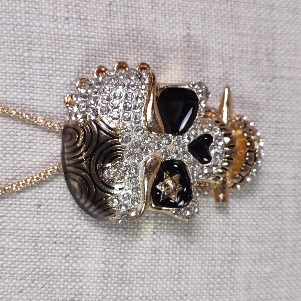 Crystal Studded Pirate Skull w/Dagger Pendant Necklace
